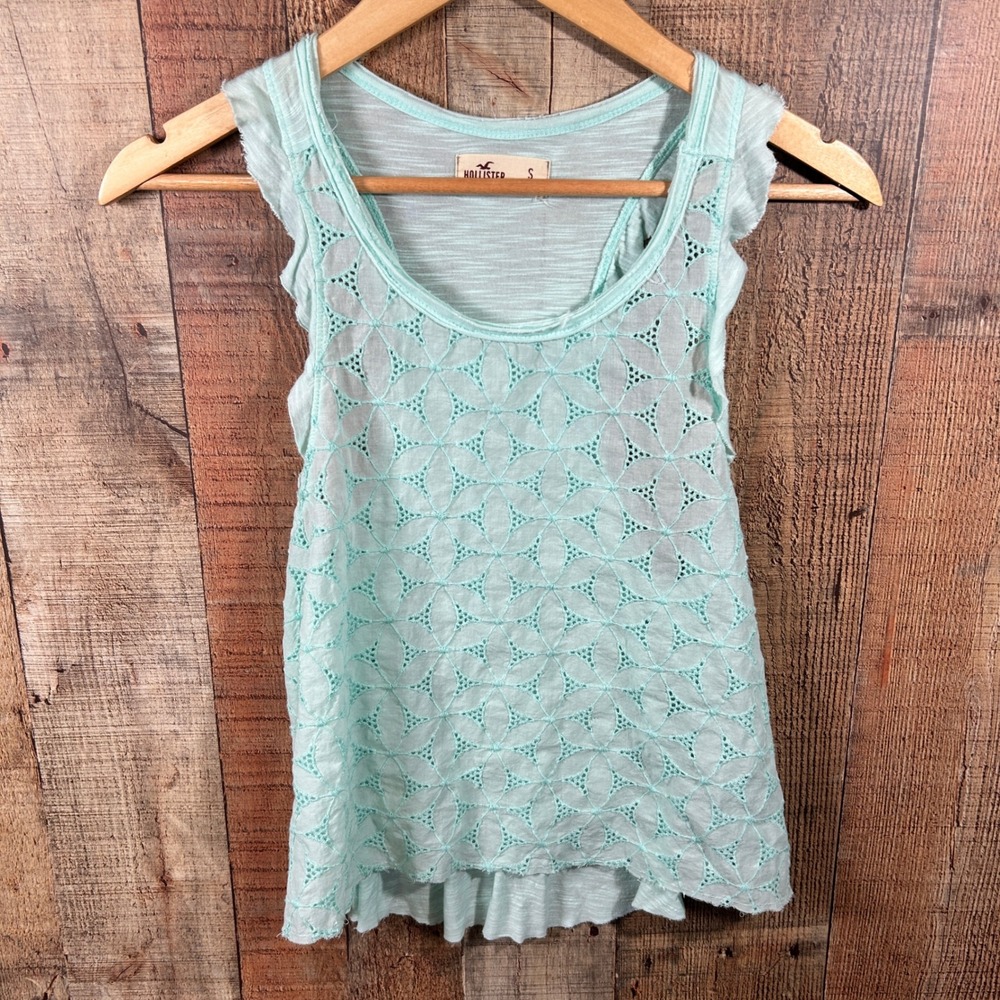 Hollister Lace Eyelet Tank Top Small Mint Green Overlay Boho Summer Casual